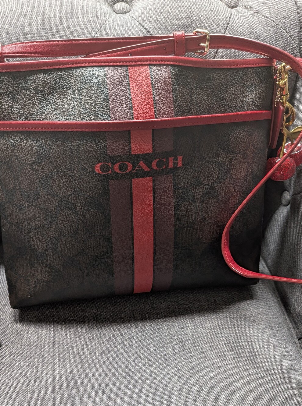Coach Signature Stripe Crossbody Bag | Brown & Red | Adjustable Strap | 13"